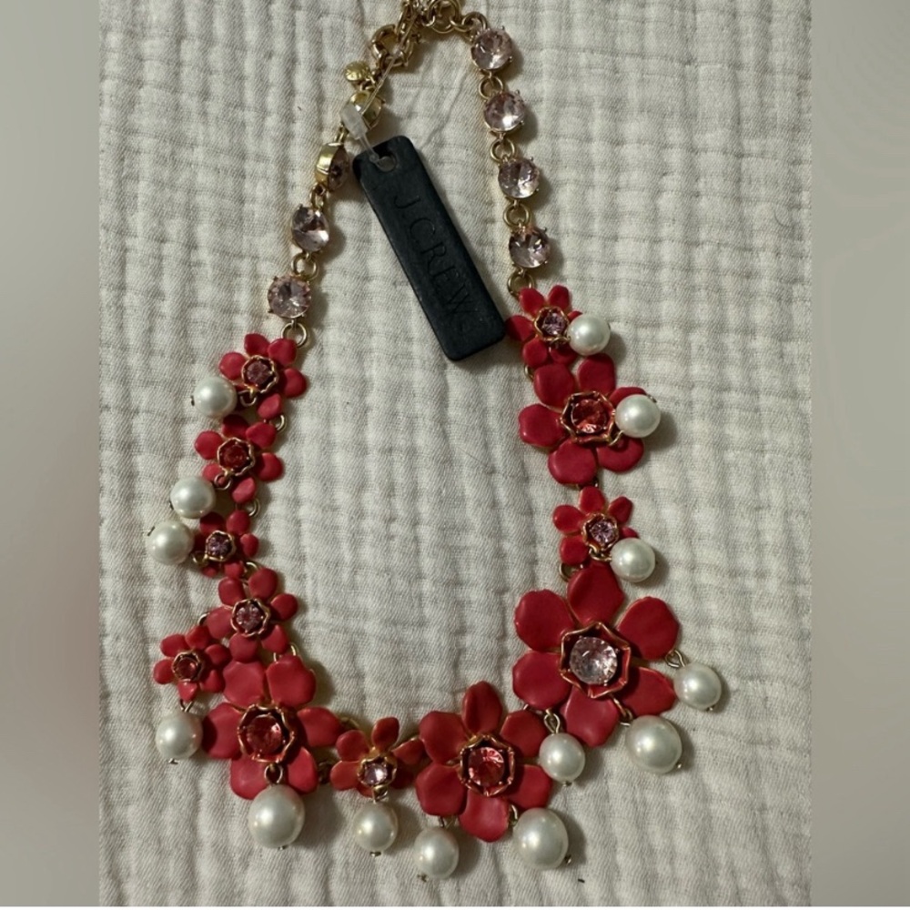 J. Crew Red Flower with Pearls Necklace